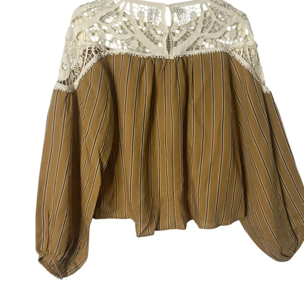 Zara crochet striped cotton long sleeve boho blouse size small
